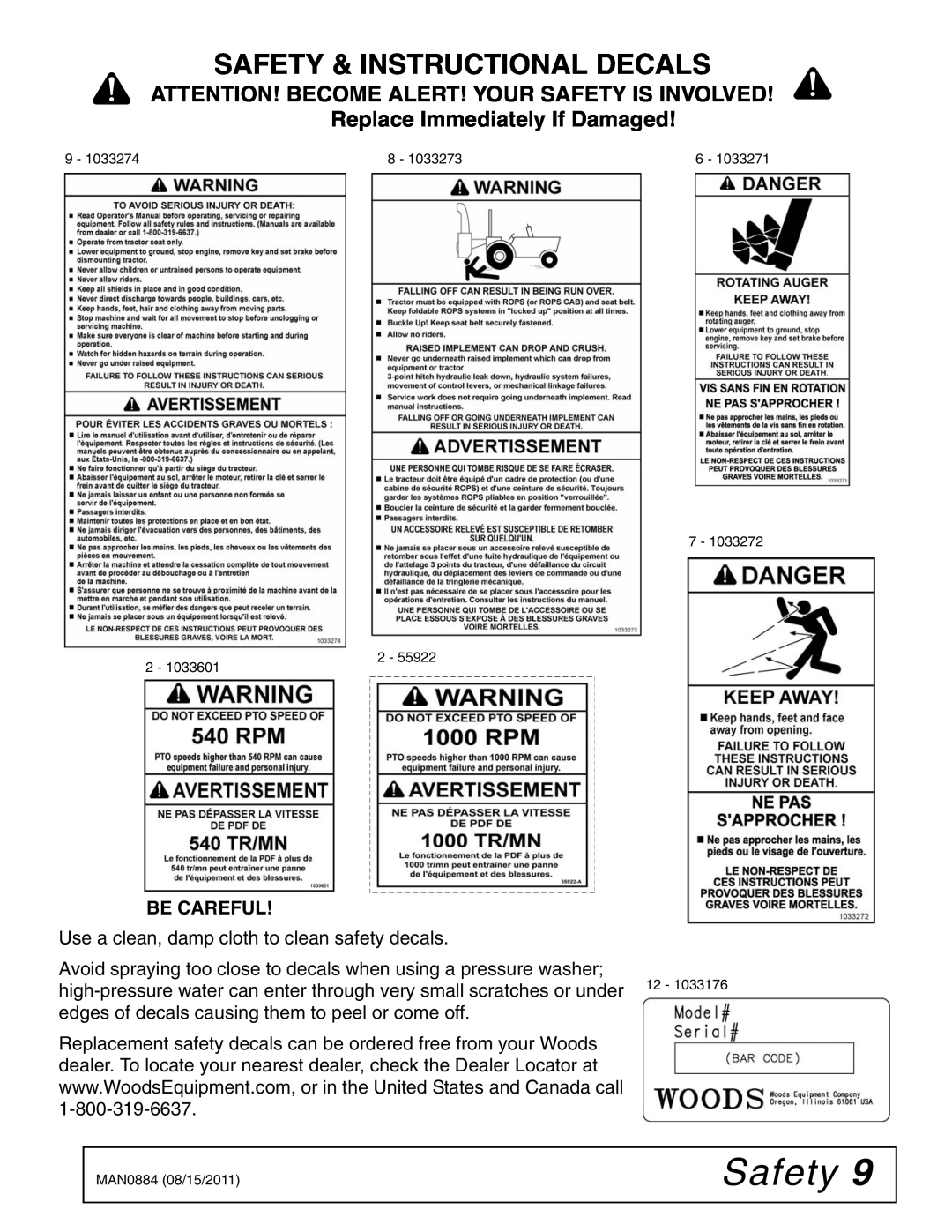 Woods Equipment SS84-2 manual Be Careful, Use a clean, damp cloth to clean safety decals, Safety & Instructional Decals 