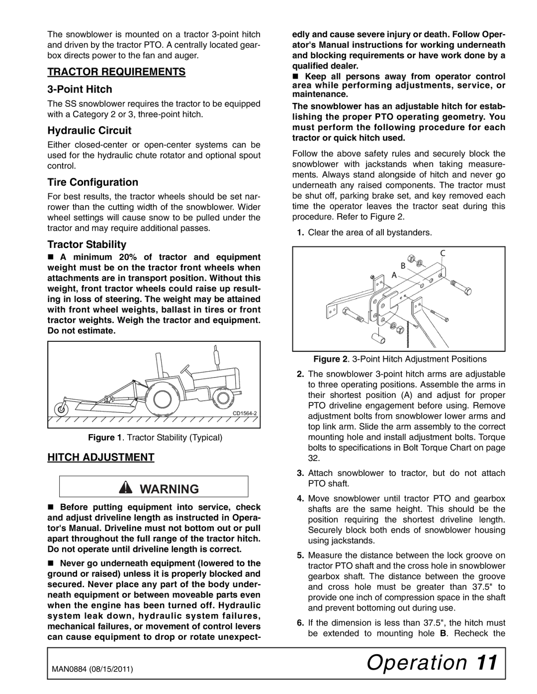 Woods Equipment SS108-2, SS84-2, SS96-2 manual Tractor Requirements, Hitch Adjustment 