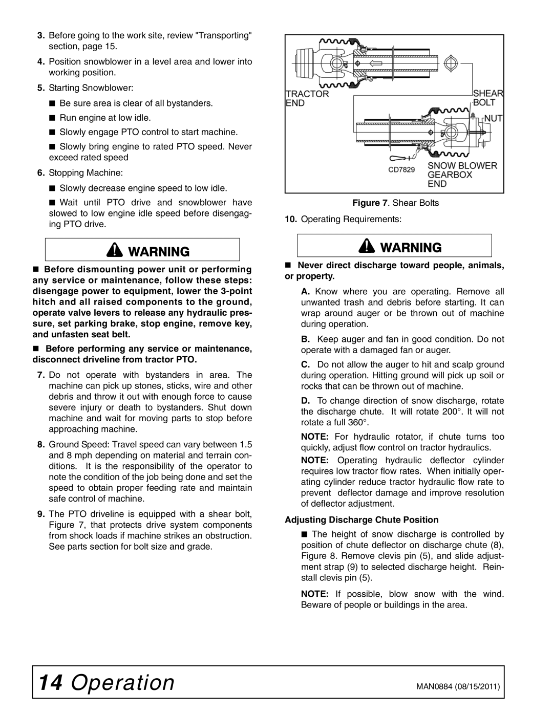 Woods Equipment SS108-2, SS84-2, SS96-2 manual Shear Bolts Operating Requirements, Adjusting Discharge Chute Position 