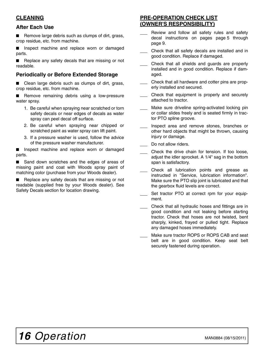 Woods Equipment SS96-2, SS84-2, SS108-2 manual Cleaning, PRE-OPERATION Check List Owners Responsibility 