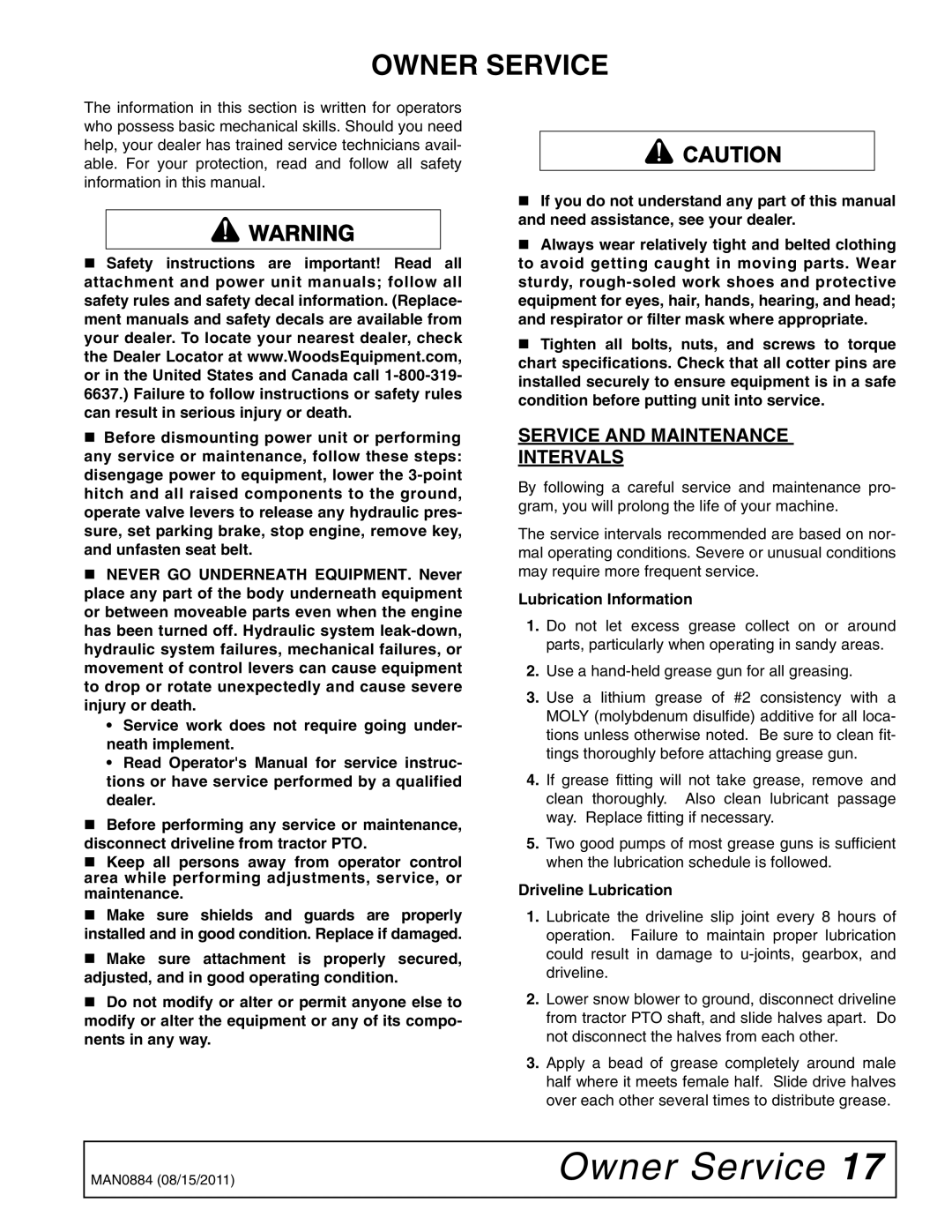 Woods Equipment SS108-2 Owner Service, Service and Maintenance Intervals, Lubrication Information, Driveline Lubrication 