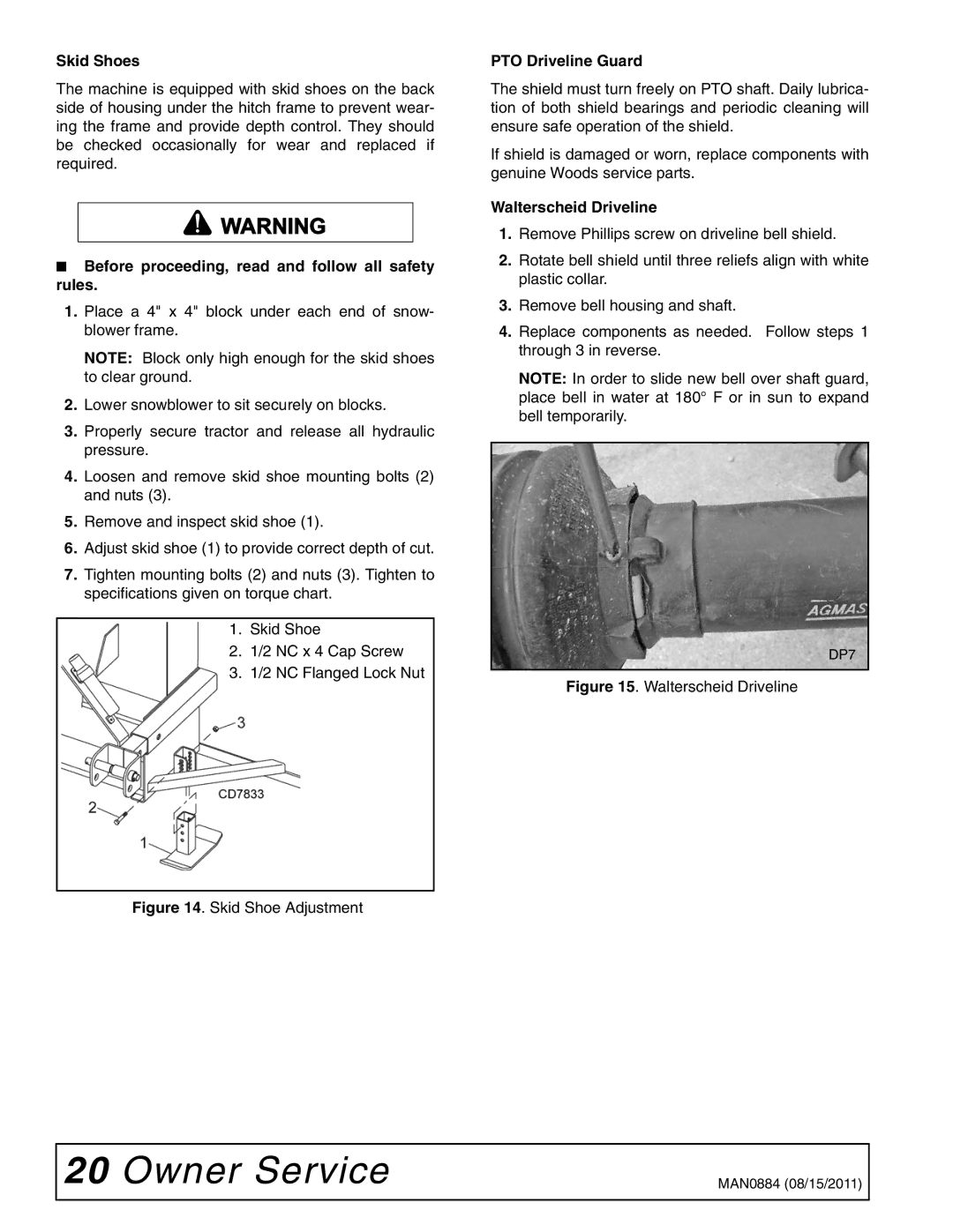 Woods Equipment SS108-2, SS84-2, SS96-2 manual Skid Shoes, PTO Driveline Guard, Walterscheid Driveline 