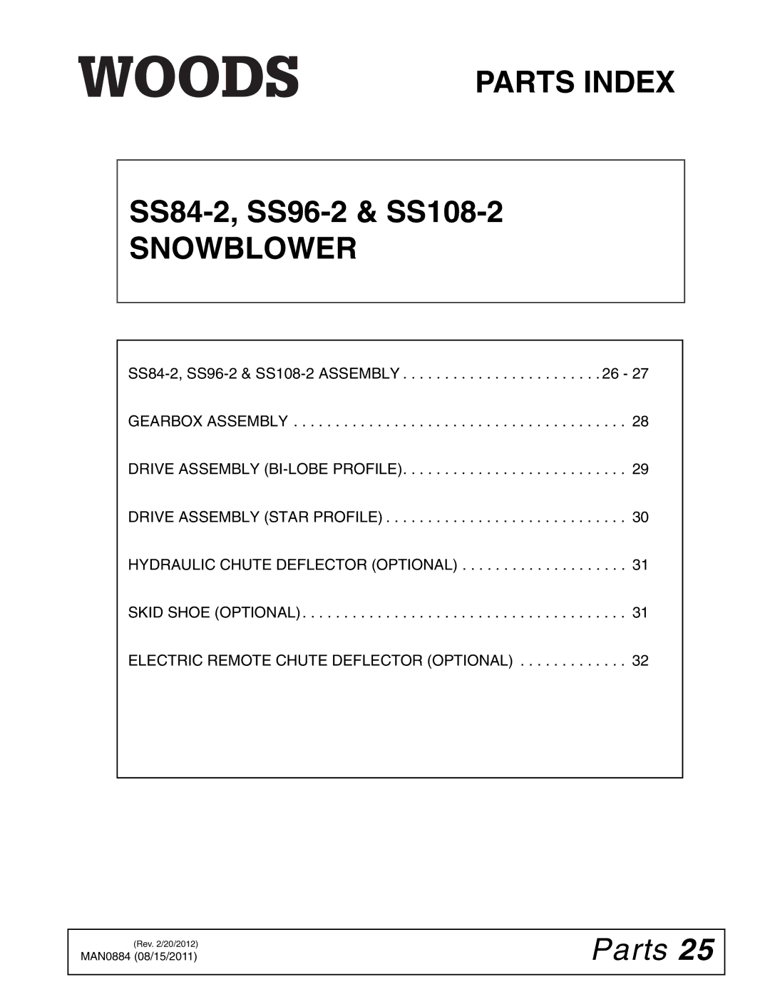 Woods Equipment SS96-2, SS84-2, SS108-2 manual Snowblower, Parts 