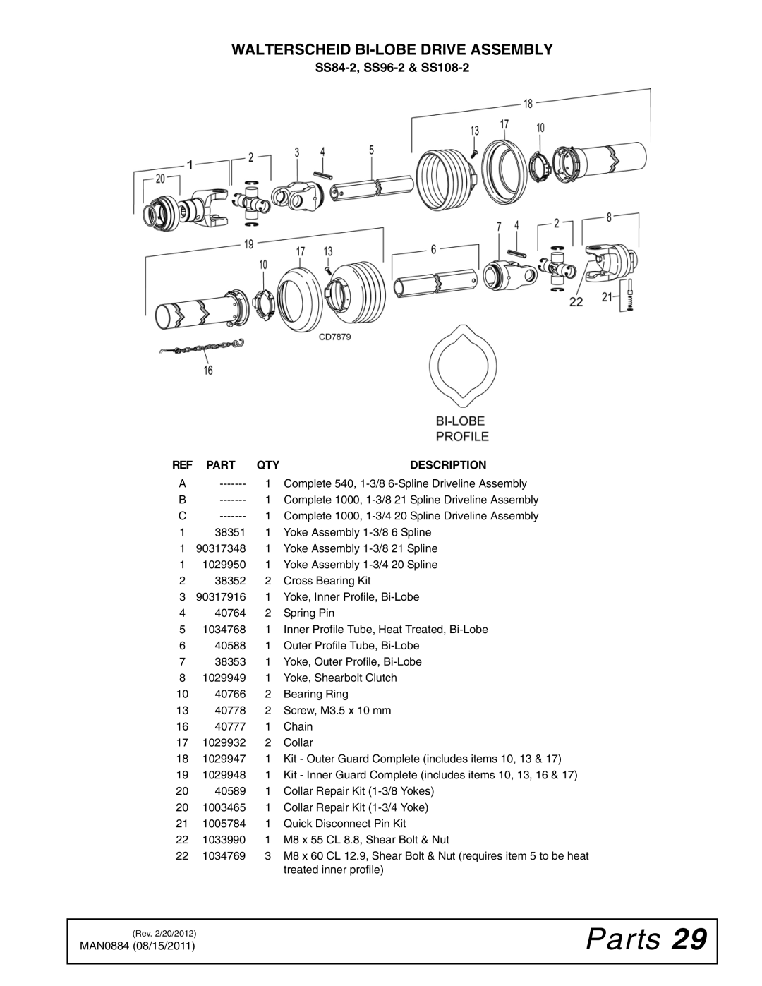 Woods Equipment manual Walterscheid BI-LOBE Drive Assembly, SS84-2, SS96-2 & SS108-2 