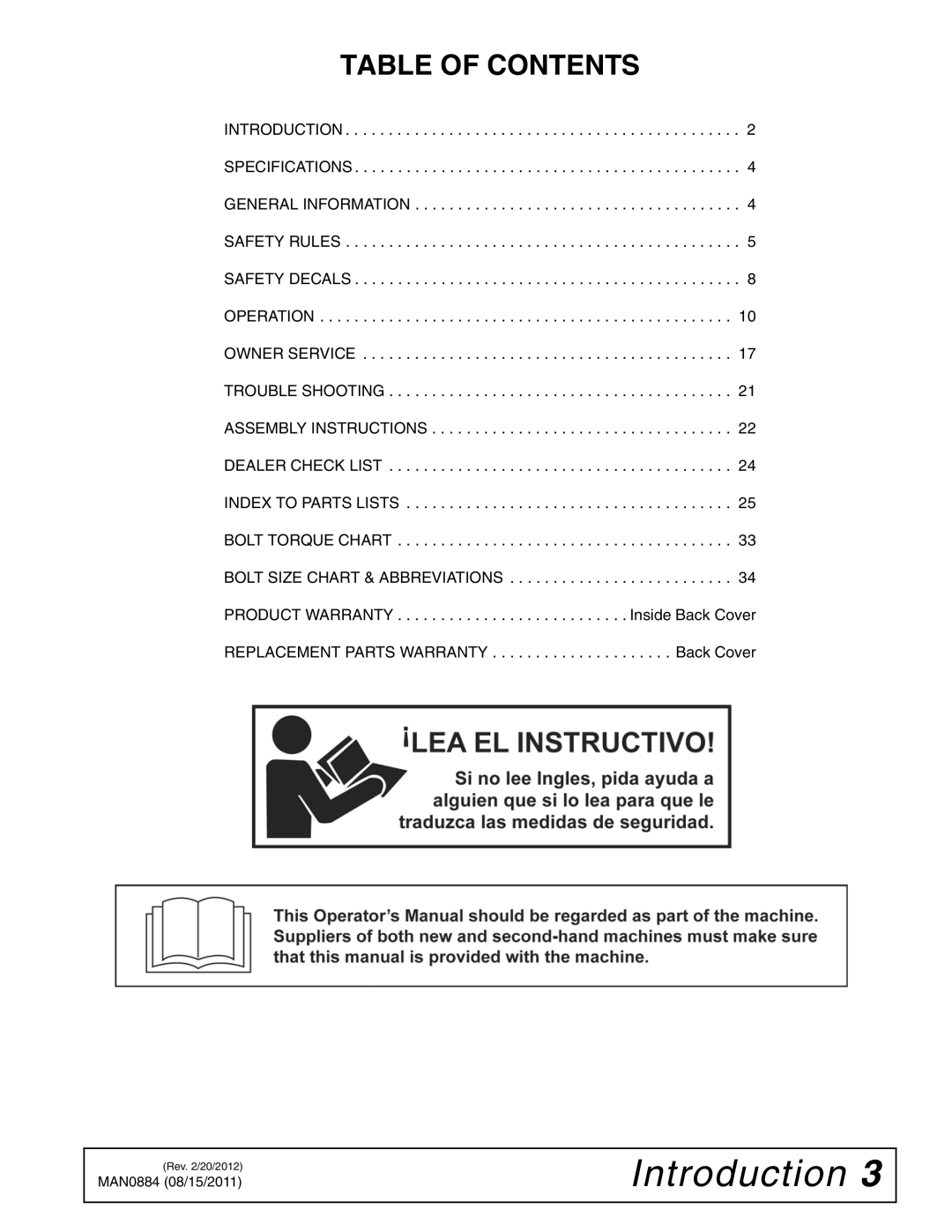 Woods Equipment SS84-2, SS96-2, SS108-2 manual Table of Contents 