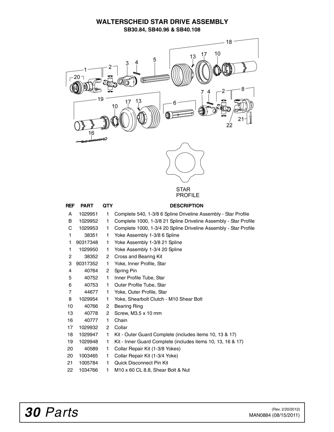 Woods Equipment SS84-2, SS96-2, SS108-2 manual Walterscheid Star Drive Assembly, SB30.84, SB40.96 & SB40.108 