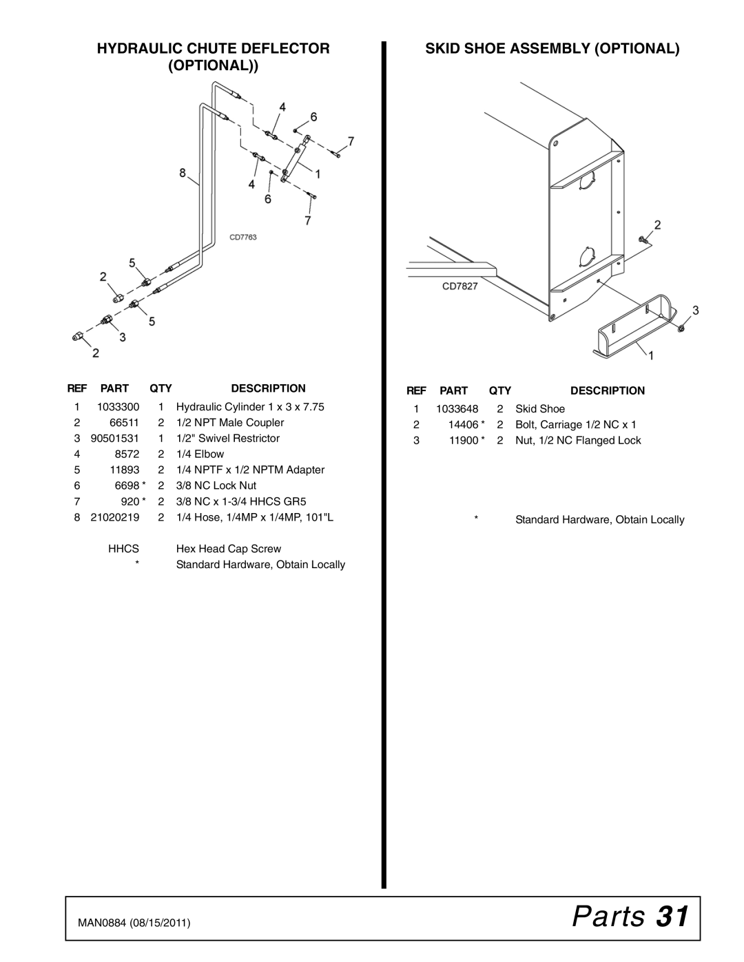 Woods Equipment SS96-2, SS84-2, SS108-2 manual Hydraulic Chute Deflector Optional, Skid Shoe Assembly Optional 