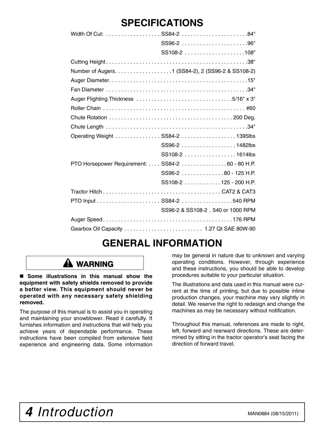 Woods Equipment SS96-2, SS84-2, SS108-2 manual Specifications, General Information 