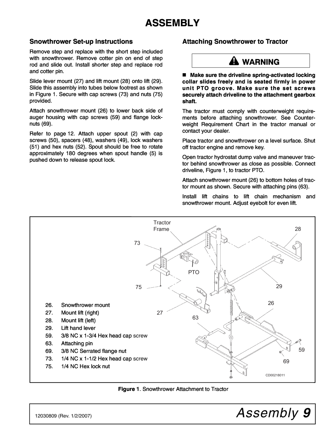Woods Equipment ST500 manual Assembly, Snowthrower Set-up Instructions, Attaching Snowthrower to Tractor 