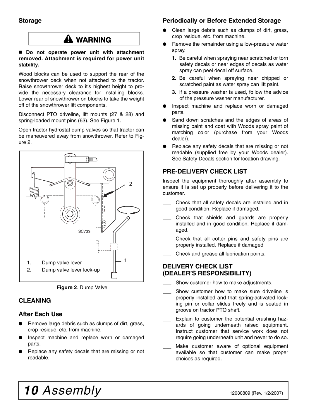 Woods Equipment ST500 manual Cleaning, PRE-DELIVERY Check List, Delivery Check List DEALER’S Responsibility 