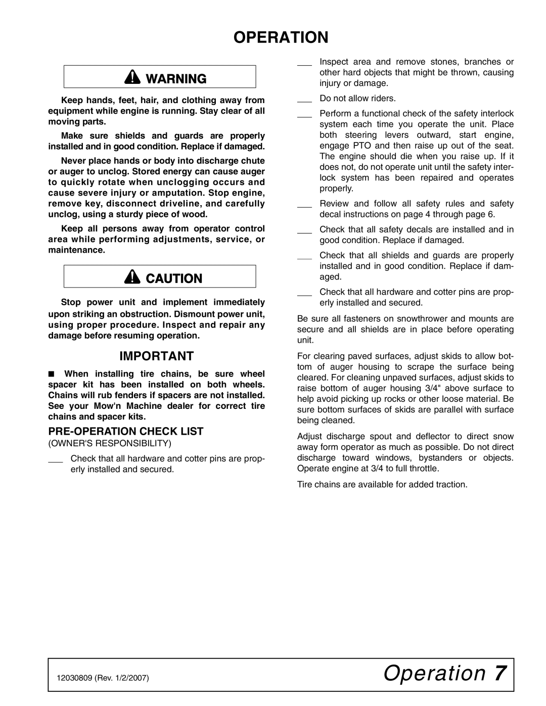 Woods Equipment ST500 manual Operation, PRE-OPERATION Check List 