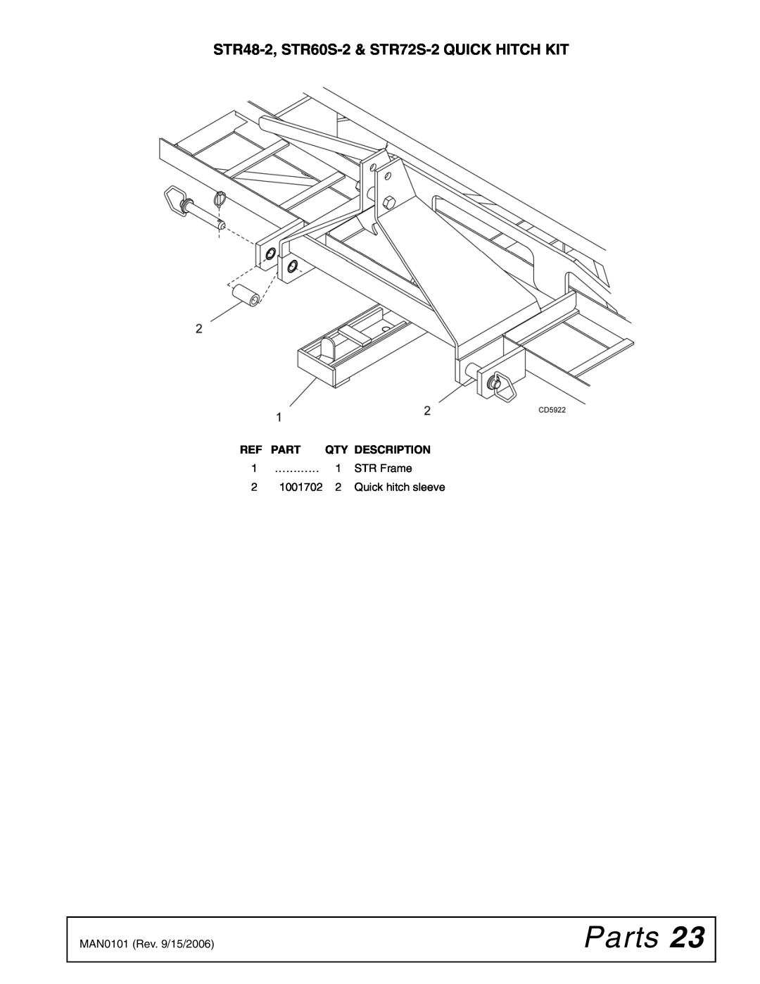 Woods Equipment STR48S-2 manual Parts, STR48-2, STR60S-2 & STR72S-2 QUICK HITCH KIT, Description, Quick hitch sleeve 