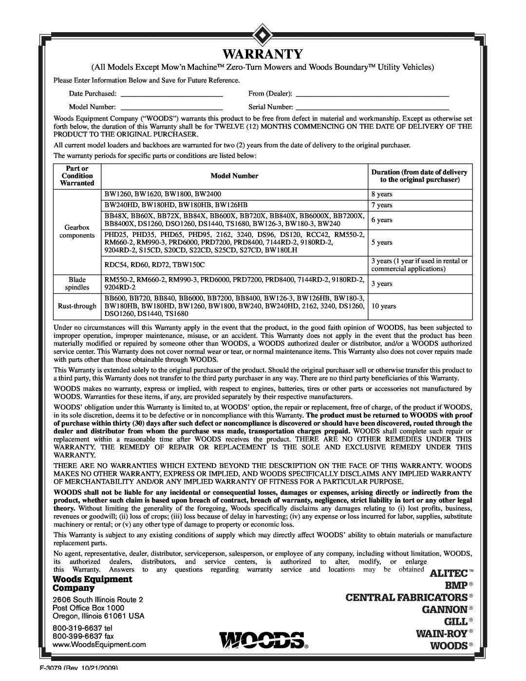 Woods Equipment STR60S-2, STR72S-2 Warranty, Woods Equipment Company, Part or, Model Number, to the original purchaser 