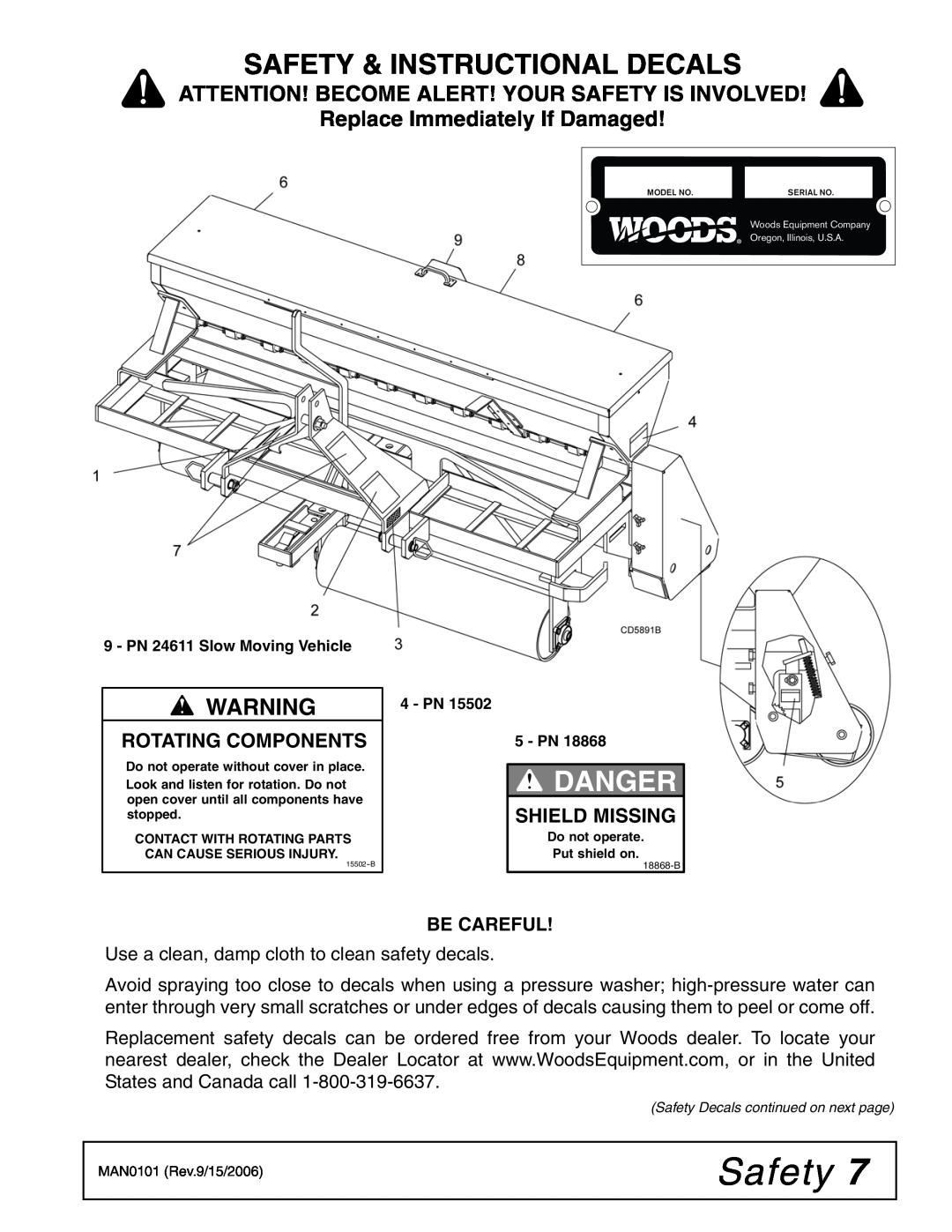 Woods Equipment STR72S-2 manual Safety & Instructional Decals, Replace Immediately If Damaged, Danger, Rotating Components 