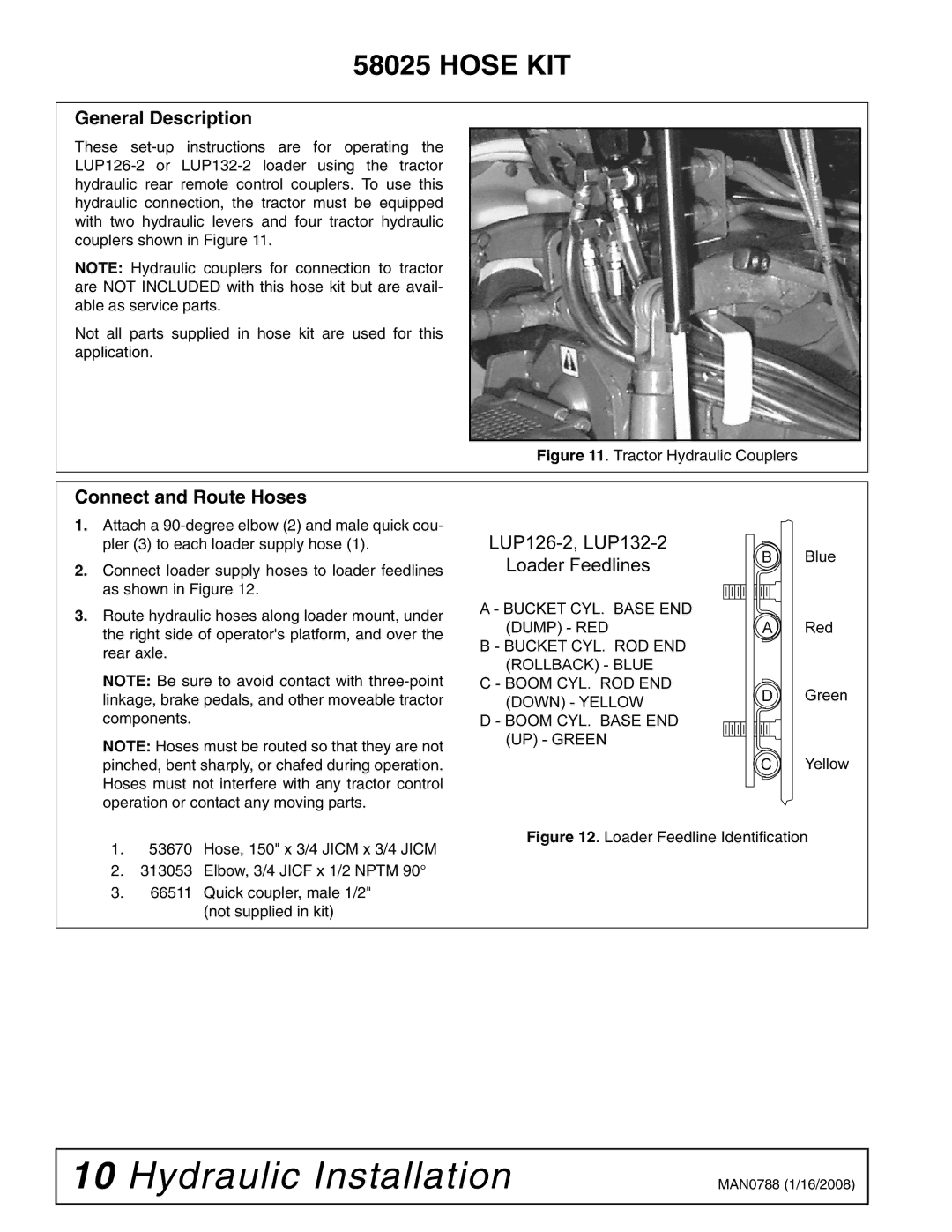 Woods Equipment T5040, T5070, T5060, T5050 installation manual Connect and Route Hoses, Tractor Hydraulic Couplers 