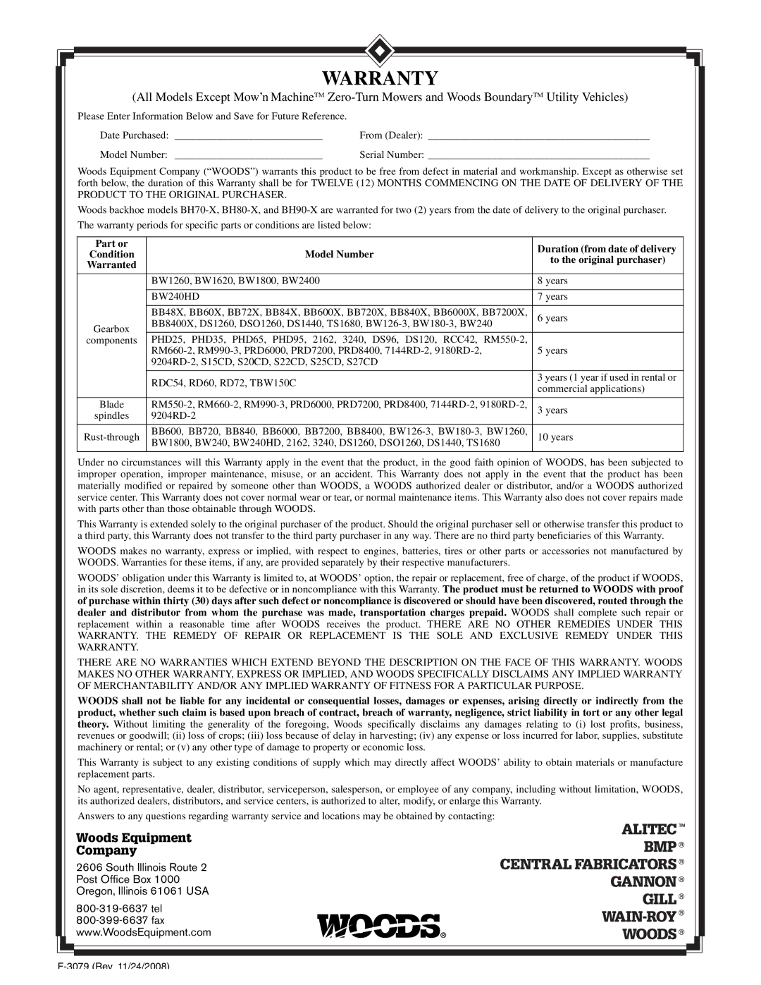 Woods Equipment T5040, T5070, T5060, T5050 installation manual Warranty 