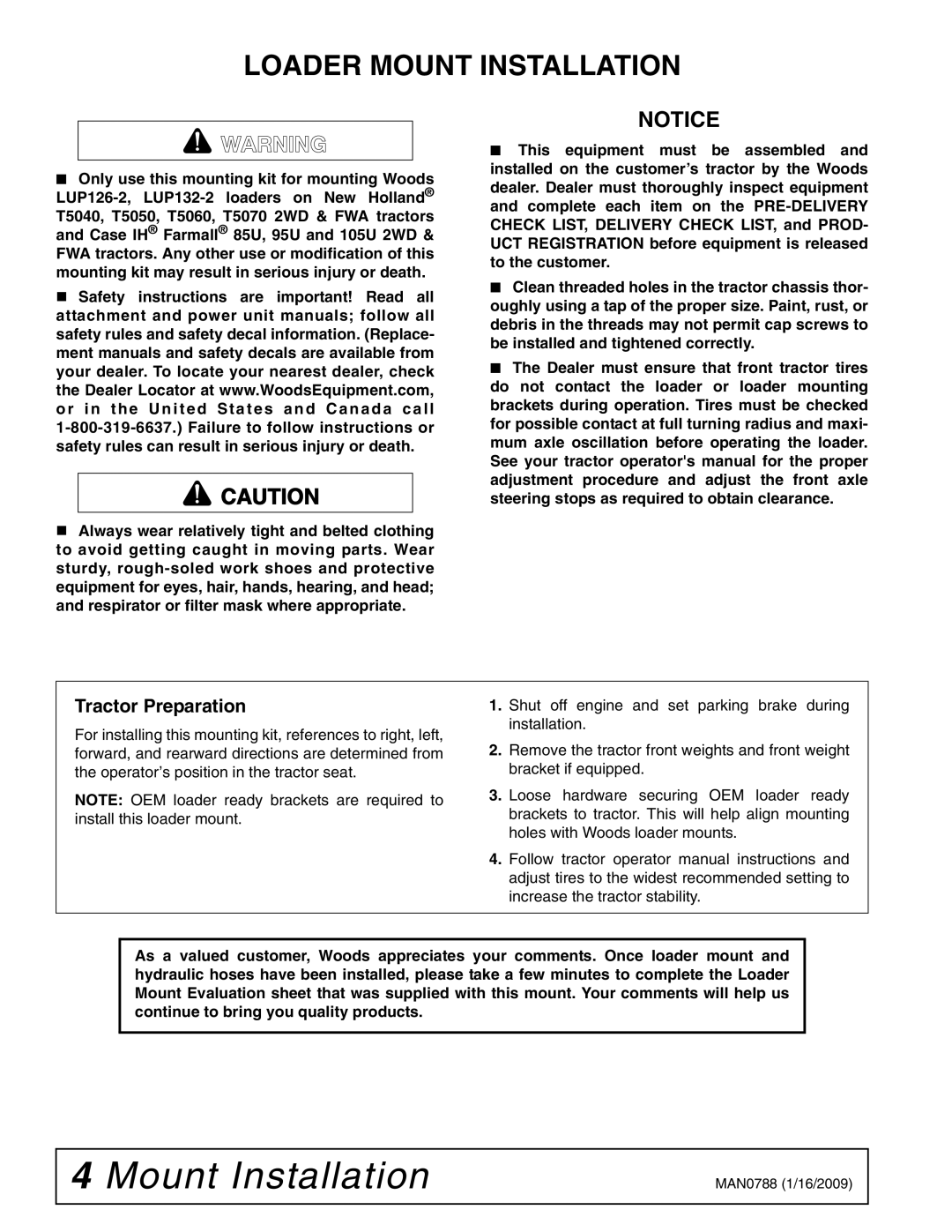 Woods Equipment T5070, T5060, T5040, T5050 installation manual Loader Mount Installation, Tractor Preparation 