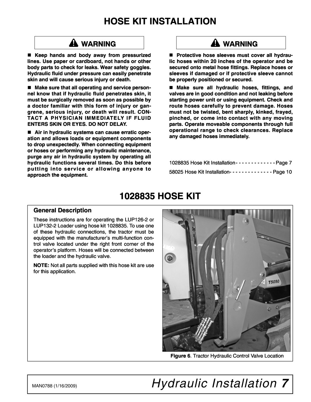 Woods Equipment T5050, T5070, T5060, T5040 Hydraulic Installation, Hose Kit Installation, General Description 