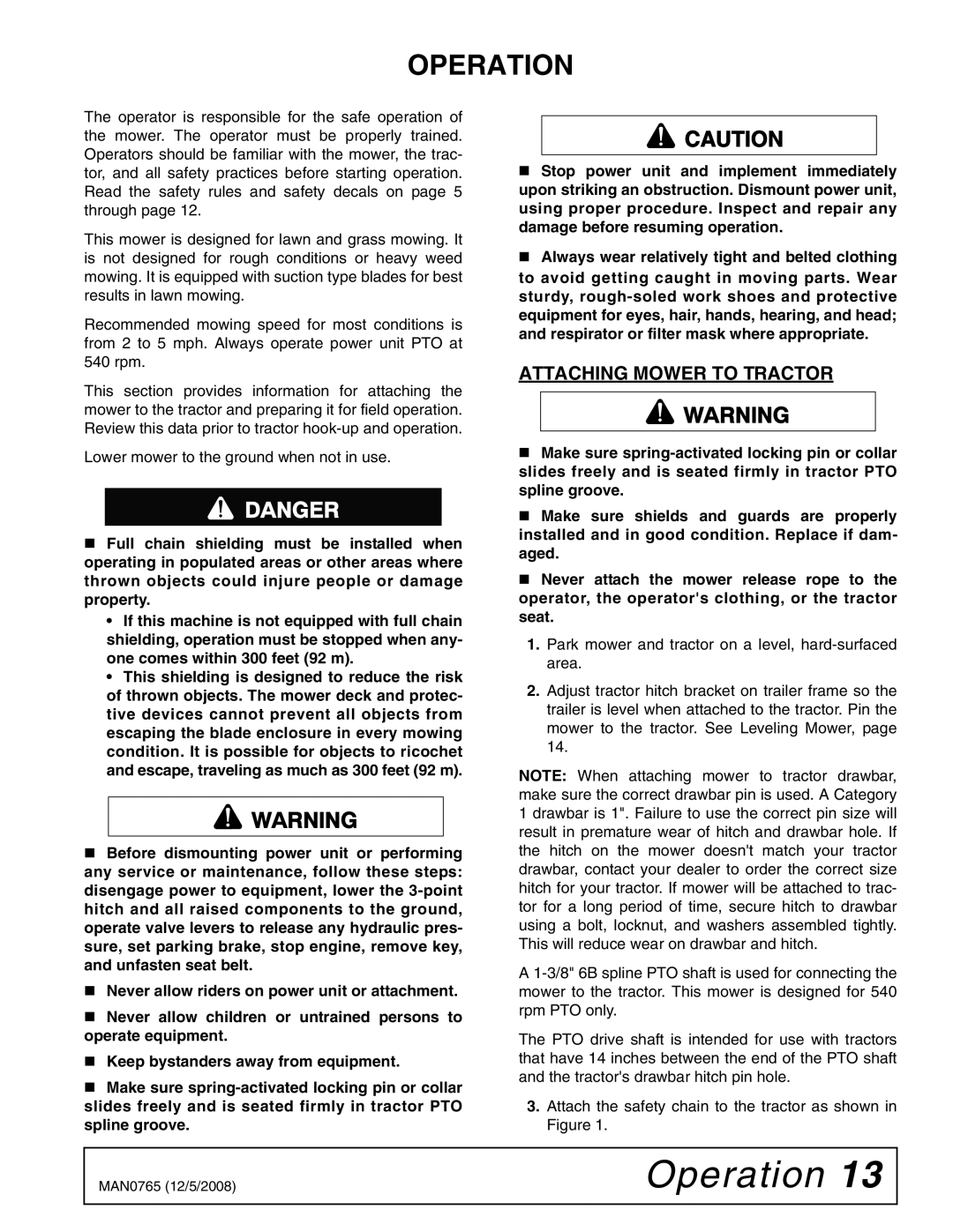 Woods Equipment TBW150C manual Operation, Attaching Mower to Tractor 