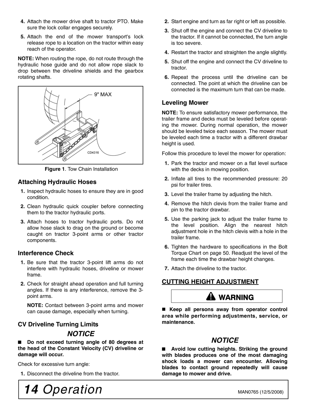 Woods Equipment TBW150C manual Attaching Hydraulic Hoses, Interference Check, CV Driveline Turning Limits, Leveling Mower 