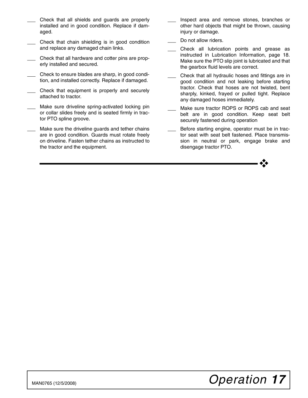 Woods Equipment TBW150C manual Check that all shields and guards are properly 