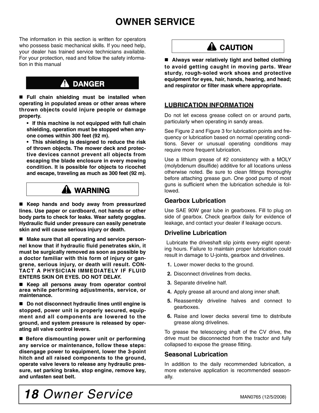 Woods Equipment TBW150C manual Owner Service, Lubrication Information 