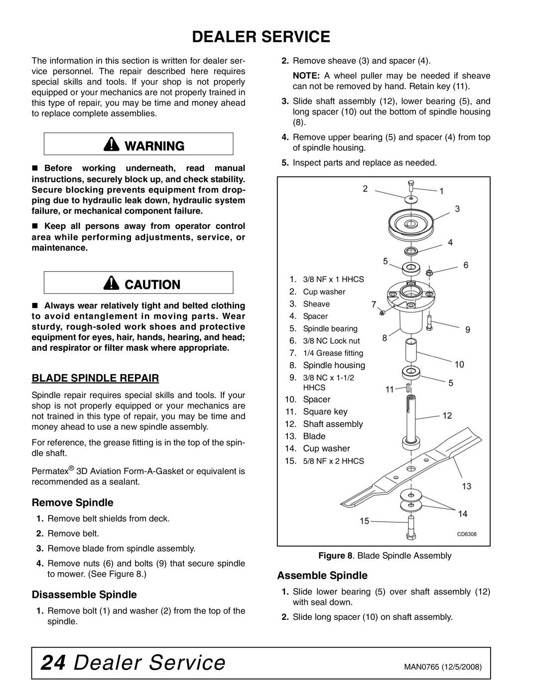 Woods Equipment TBW150C manual Dealer Service, Blade Spindle Repair 