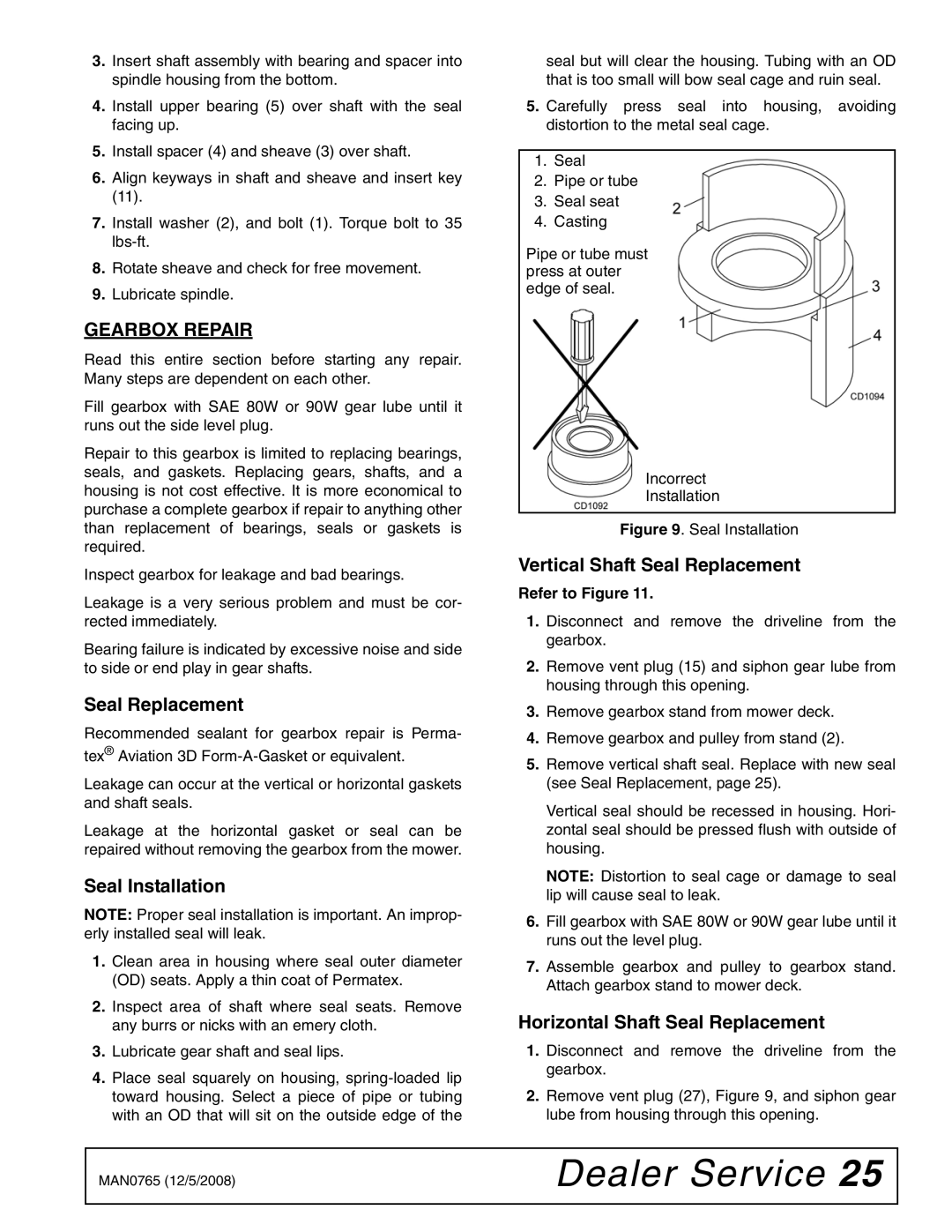 Woods Equipment TBW150C manual Gearbox Repair, Seal Installation, Vertical Shaft Seal Replacement 