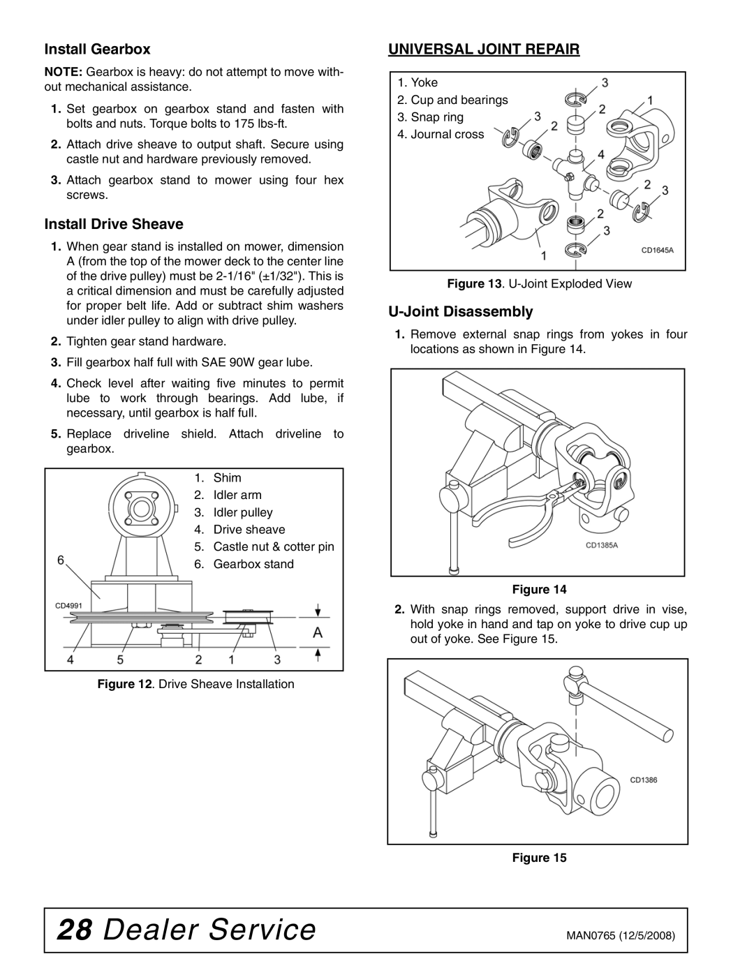 Woods Equipment TBW150C manual Install Gearbox, Install Drive Sheave, Universal Joint Repair, Joint Disassembly 