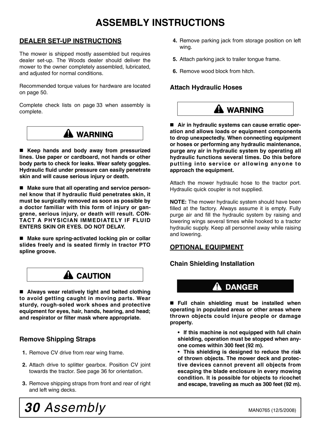 Woods Equipment TBW150C manual Assembly Instructions, Dealer SET-UP Instructions, Optional Equipment 