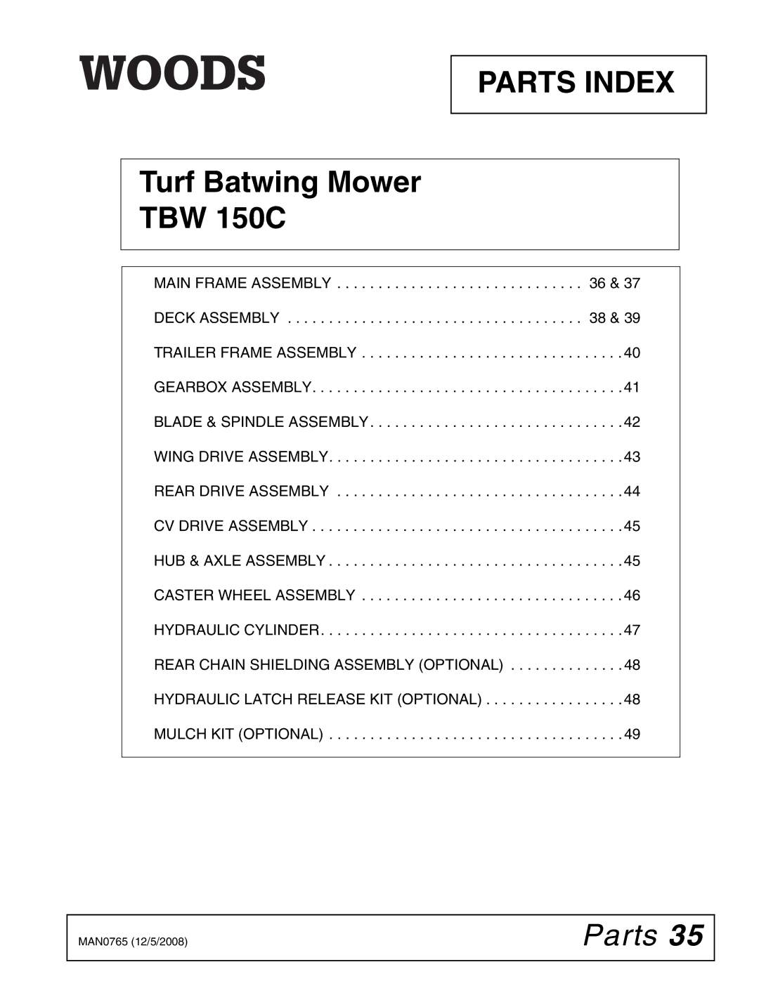 Woods Equipment TBW150C manual Parts Index 