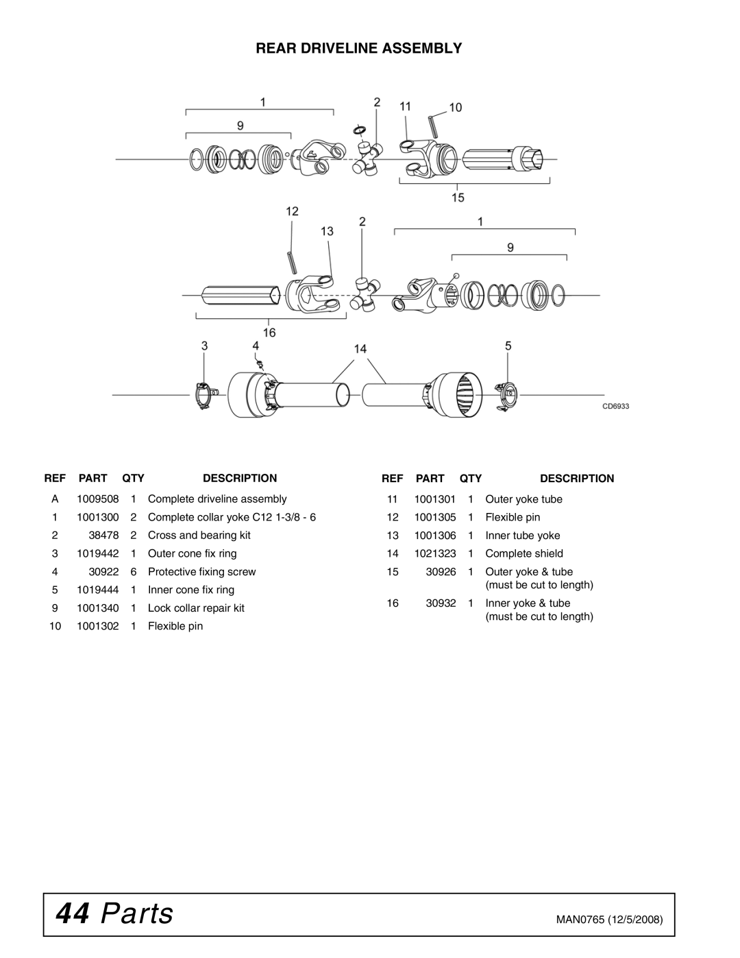 Woods Equipment TBW150C manual Rear Driveline Assembly, REF Part QTY Description 