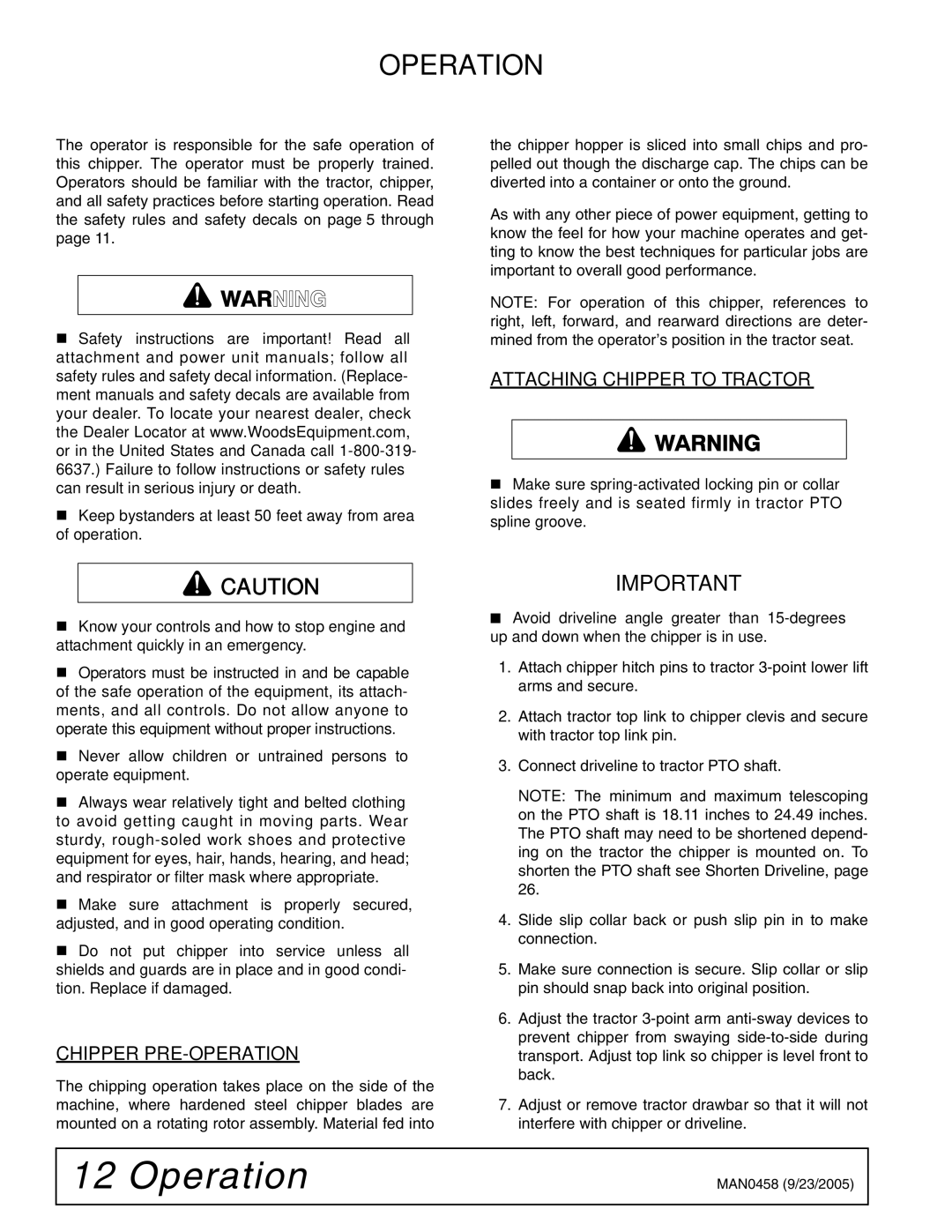 Woods Equipment TCH4500 manual Operation, Chipper PRE-OPERATION, Attaching Chipper to Tractor 