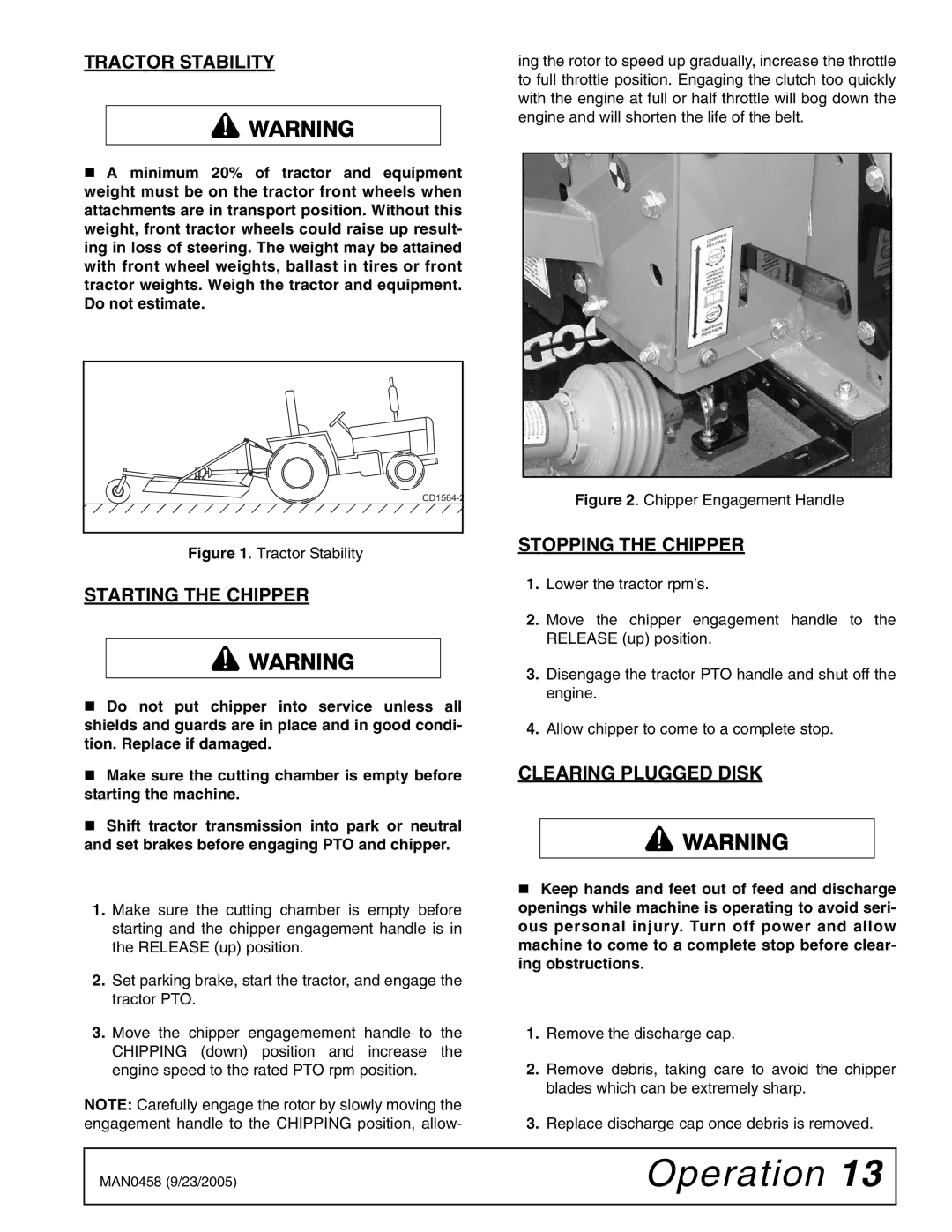 Woods Equipment TCH4500 manual Tractor Stability, Starting the Chipper, Stopping the Chipper, Clearing Plugged Disk 