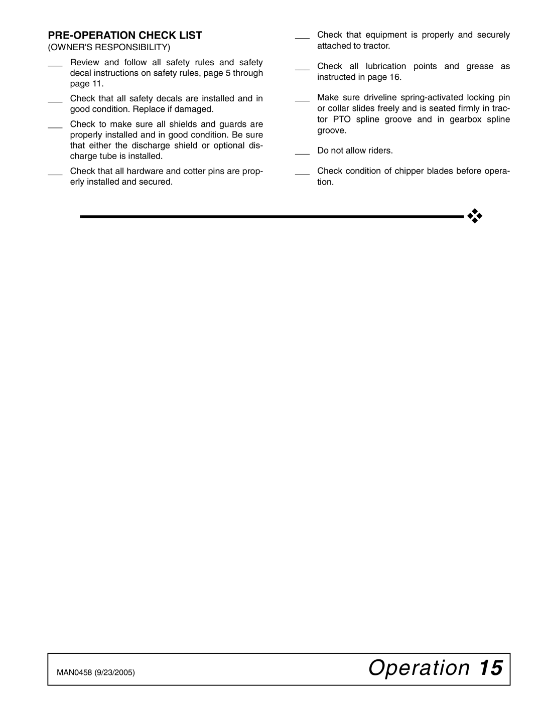 Woods Equipment TCH4500 manual PRE-OPERATION Check List, Owners Responsibility 