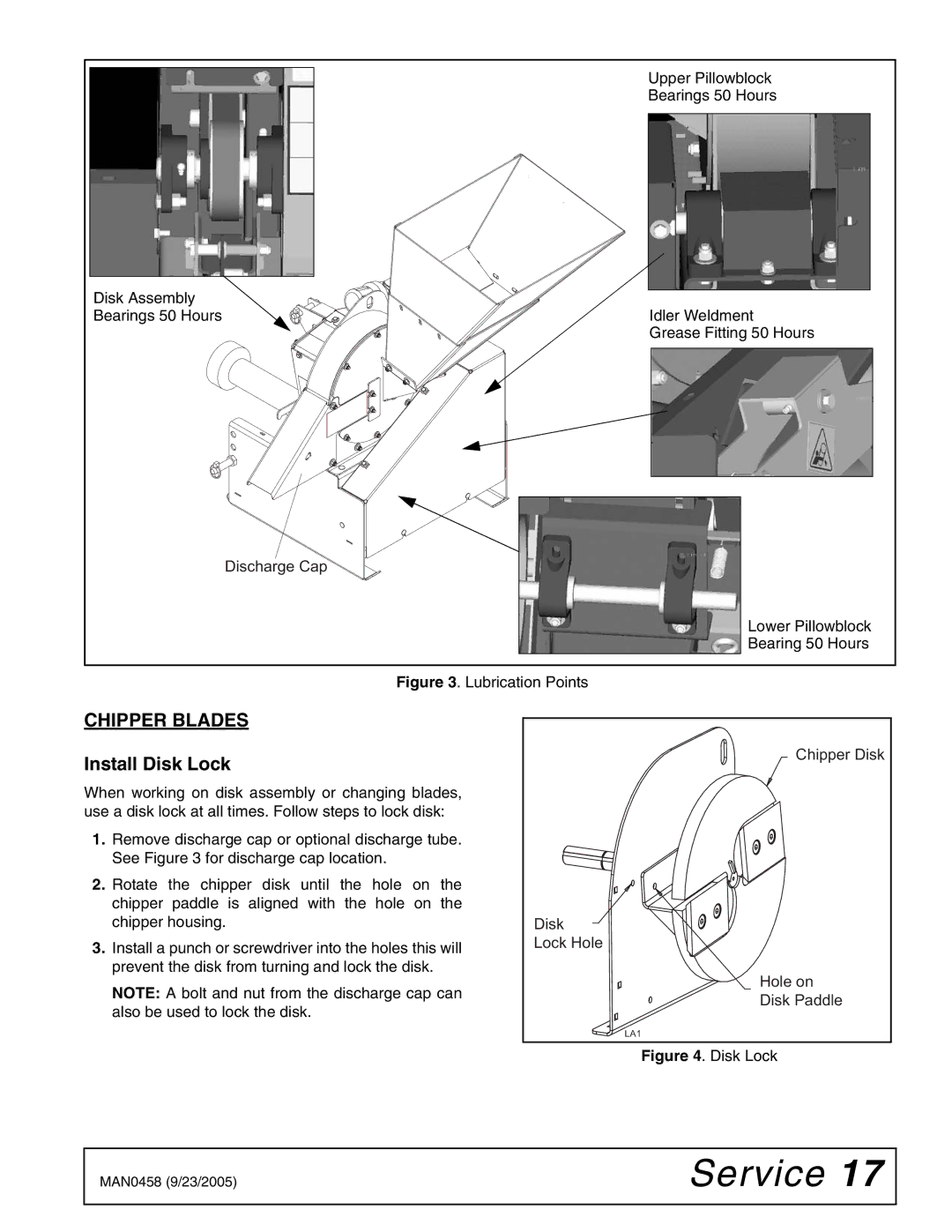 Woods Equipment TCH4500 manual Chipper Blades, Install Disk Lock 