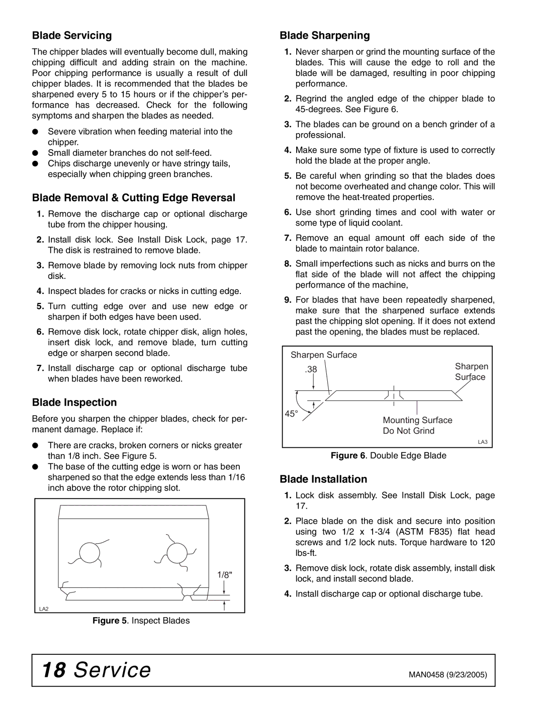 Woods Equipment TCH4500 manual Blade Servicing, Blade Removal & Cutting Edge Reversal, Blade Inspection, Blade Sharpening 