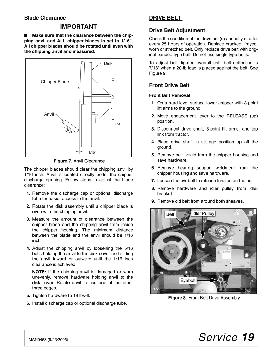 Woods Equipment TCH4500 manual Blade Clearance, Drive Belt Adjustment, Front Drive Belt 