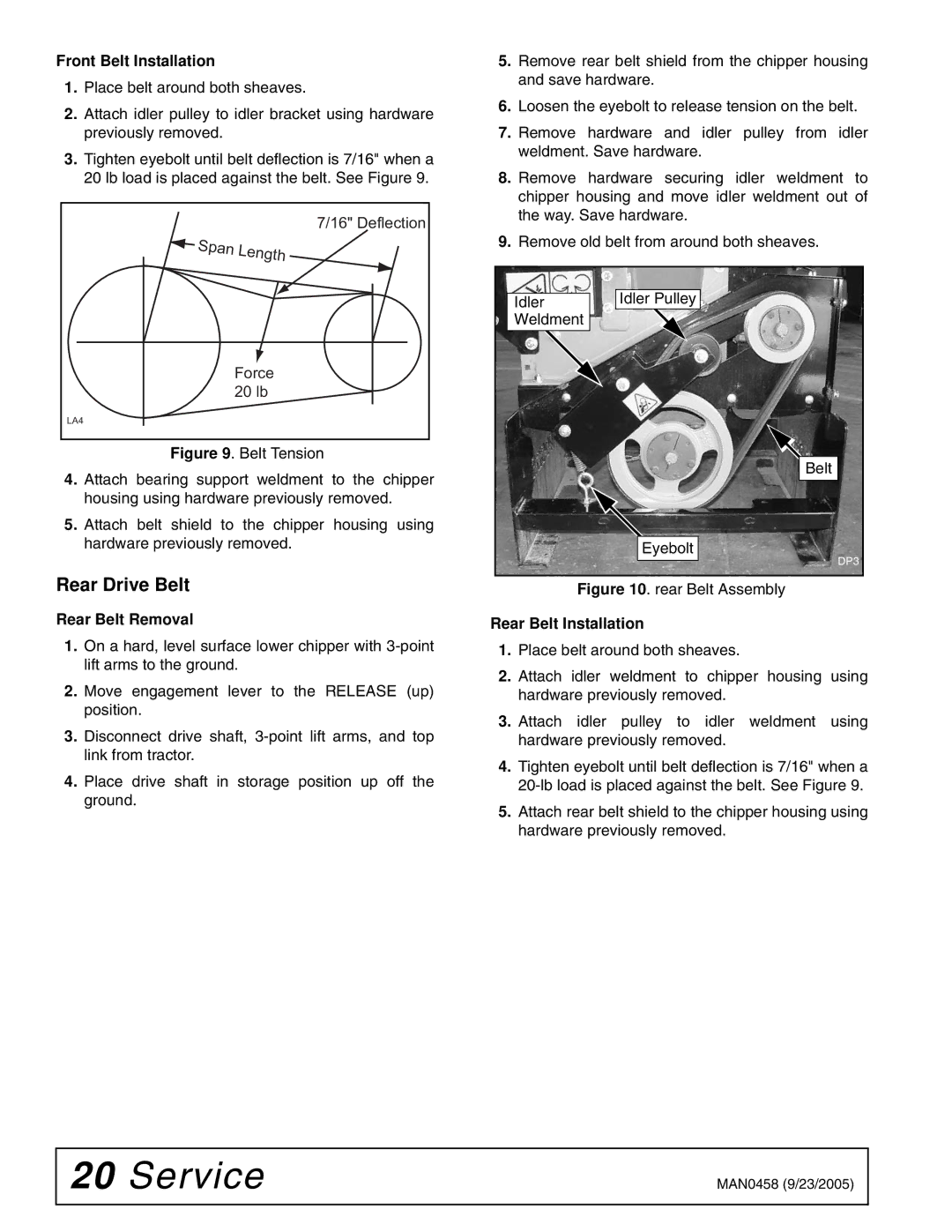 Woods Equipment TCH4500 manual Rear Drive Belt, Front Belt Installation 