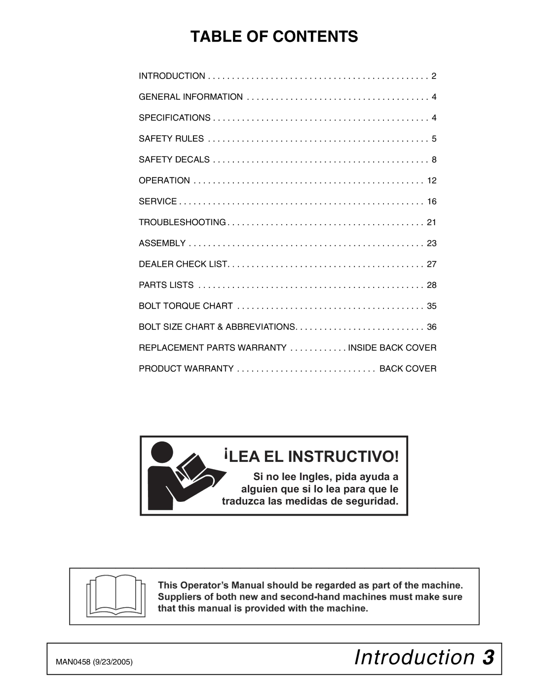 Woods Equipment TCH4500 manual Table of Contents, LEA EL Instructivo 