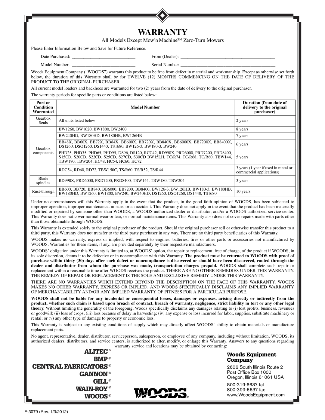 Woods Equipment TCH4500 manual Woods Equipment Company 