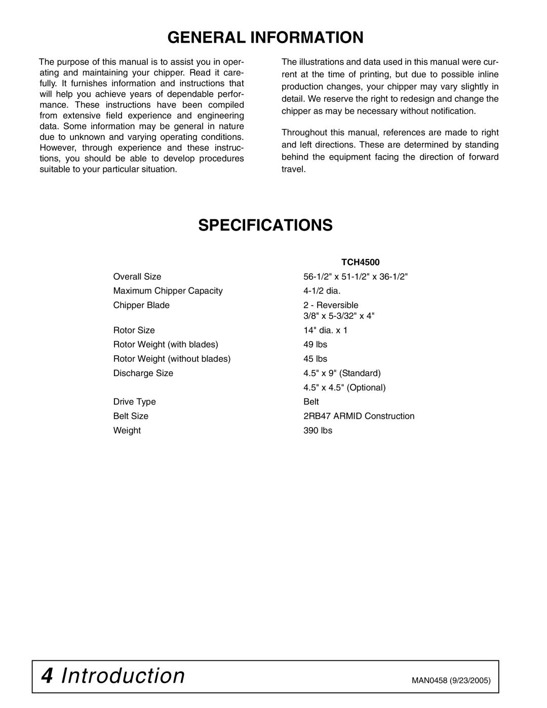 Woods Equipment TCH4500 manual General Information, Specifications 