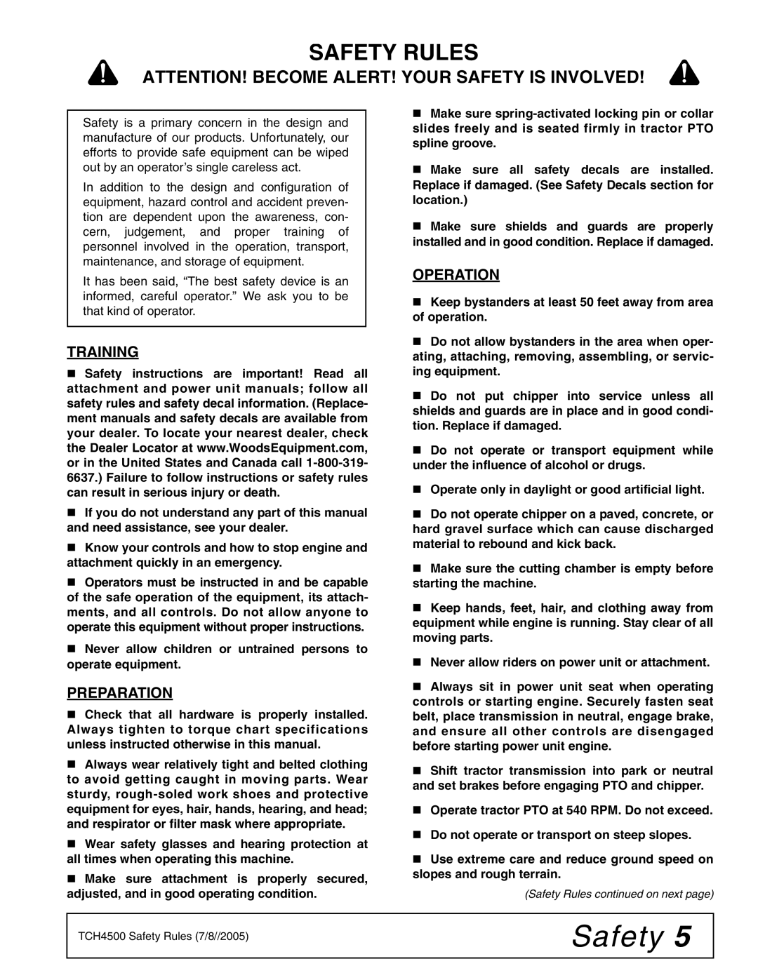 Woods Equipment TCH4500 manual Safety Rules, Training, Preparation, Operation 