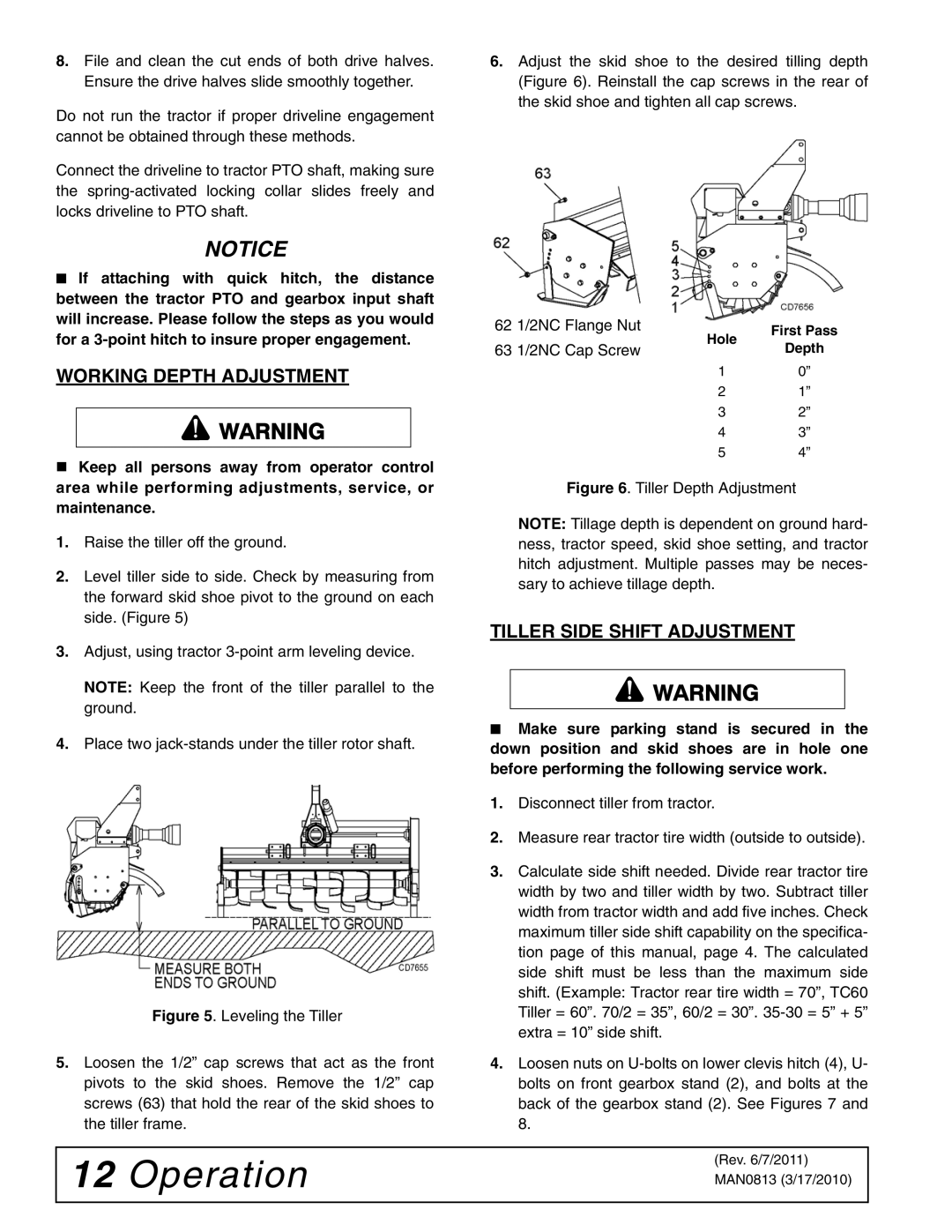 Woods Equipment TCR60, TCR68, TCR74, TC74, TC60, TC68 manual Working Depth Adjustment, Tiller Side Shift Adjustment 