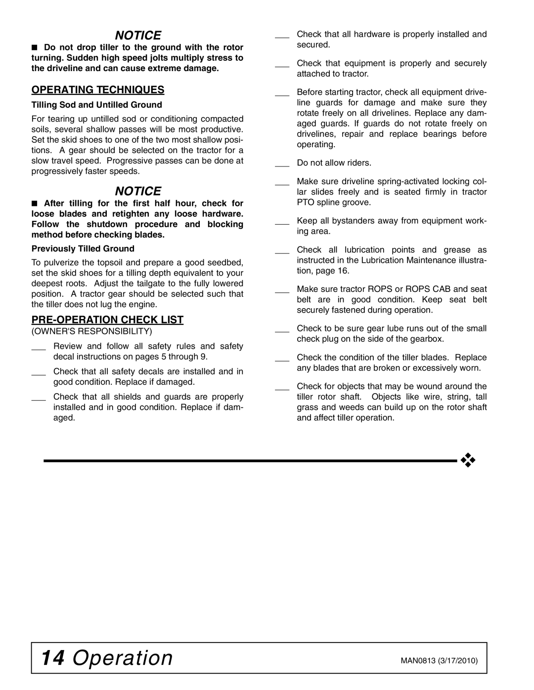 Woods Equipment TCR74, TCR60, TCR68, TC74, TC60, TC68 manual Operating Techniques, PRE-OPERATION Check List 