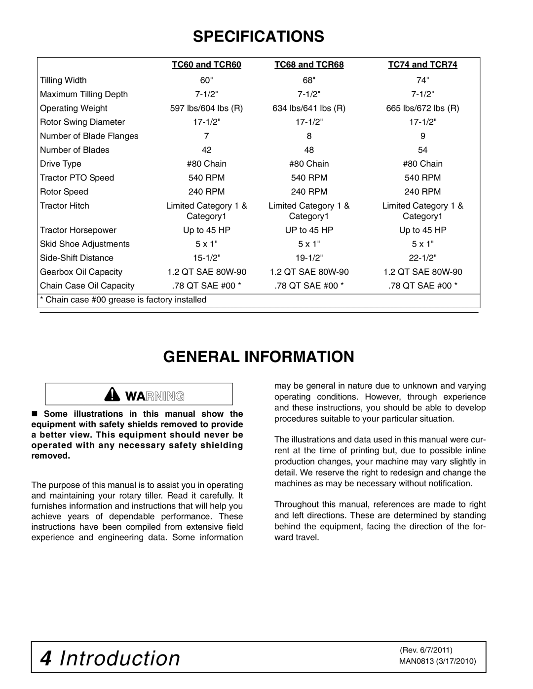 Woods Equipment TC60, TCR60, TCR68, TCR74, TC74, TC68 manual Specifications, General Information 