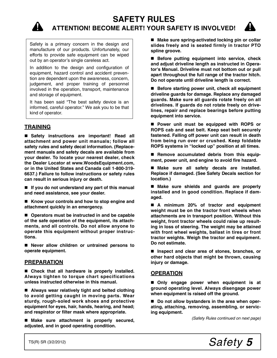 Woods Equipment TC68, TCR60, TCR68, TCR74, TC74, TC60 manual Safety Rules, Training, Preparation, Operation 