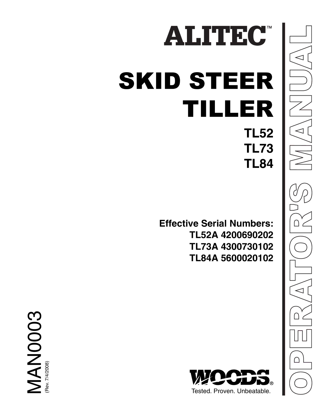 Woods Equipment TL73, TL52, TL84 manual Skid Steer Tiller 