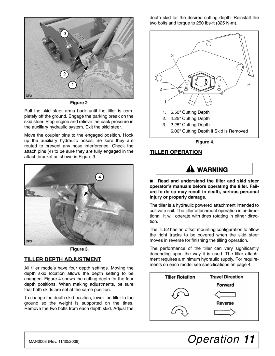 Woods Equipment TL84, TL52, TL73 manual Tiller Depth Adjustment, Tiller Operation 