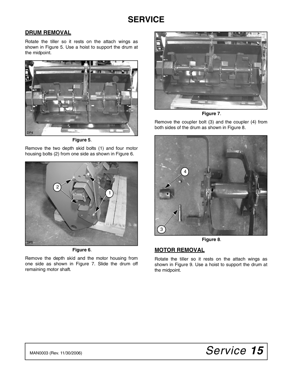 Woods Equipment TL52, TL73, TL84 manual Service, Drum Removal, Motor Removal 